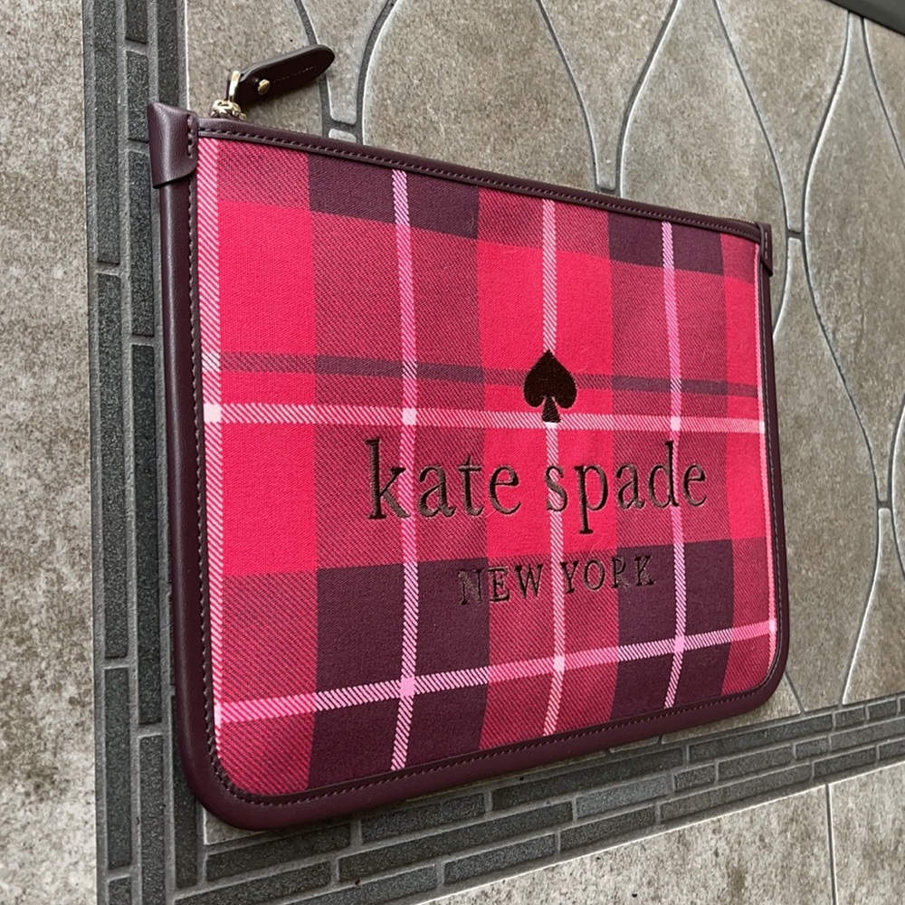 Kate Spade Ella Plaid Bright Rose Large Zip Pouch Clutch - Picture 3 of 16